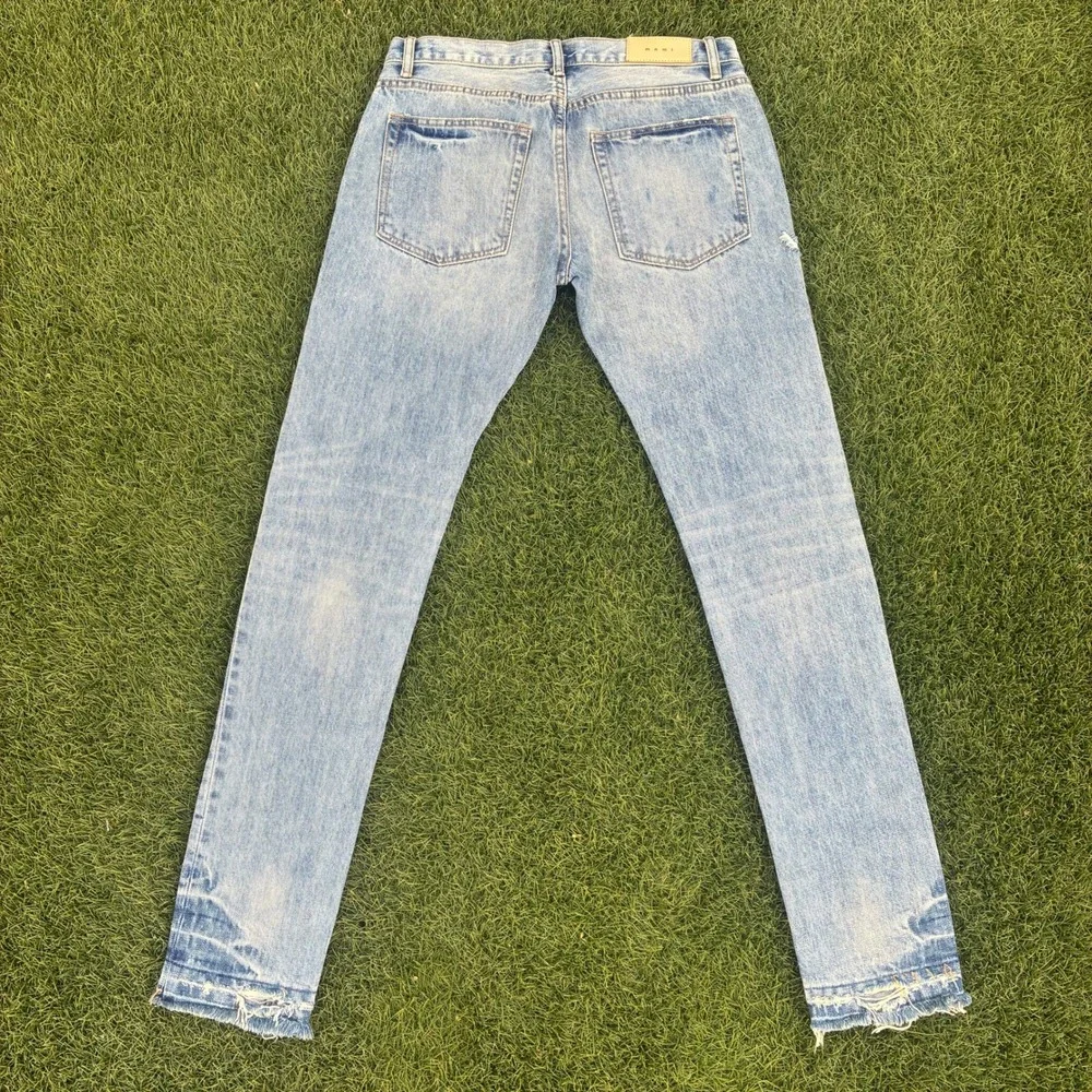 MNML Mens 32x34 Light Wash Distressed Slim Straight Jeans Released Raw Hem Blue